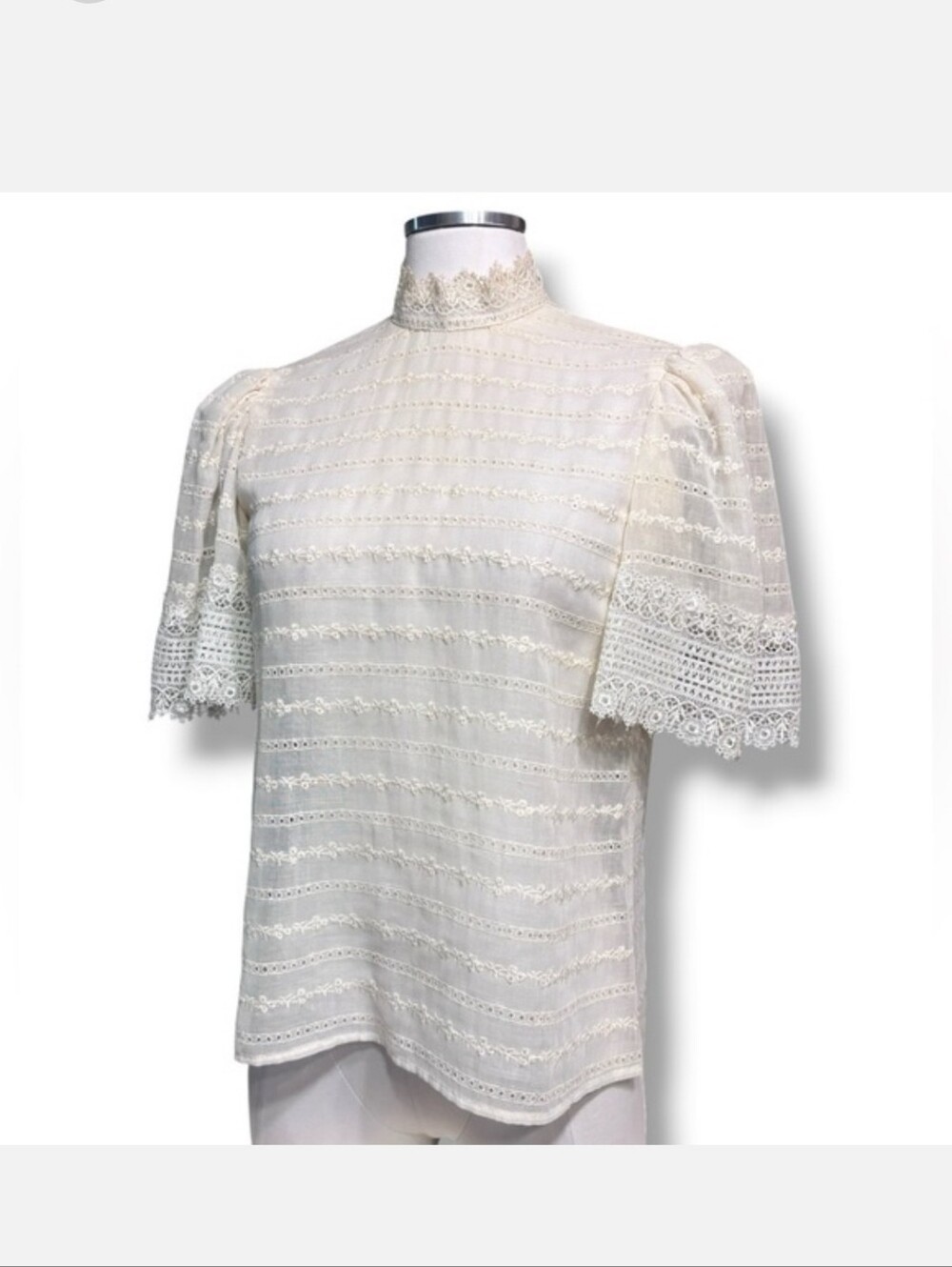 NEIMAN MARCUS Eyelet Lace High Collar Puff Sleeve Button Back Blouse VINTAGE